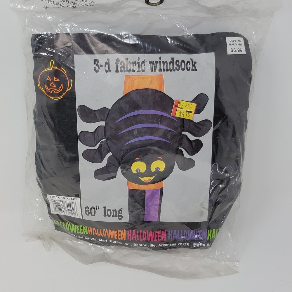 Vintage Walmart 3D Fabric Halloween Spider Windsock ~ 60" Long Purple Black